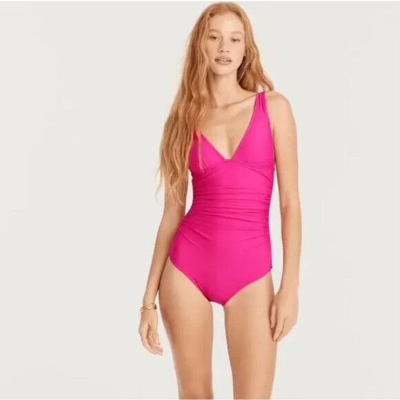 J. Crew NWT Ruched‎ V Neck One Piece Swimsuit Fuchsia Pink J.Crew BC116 Size 8 - Picture 1 of 4